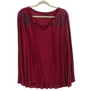 Cruel Denim Embroidery Burgundy Flare Sleeve Peasant Top Women’s Size Medium